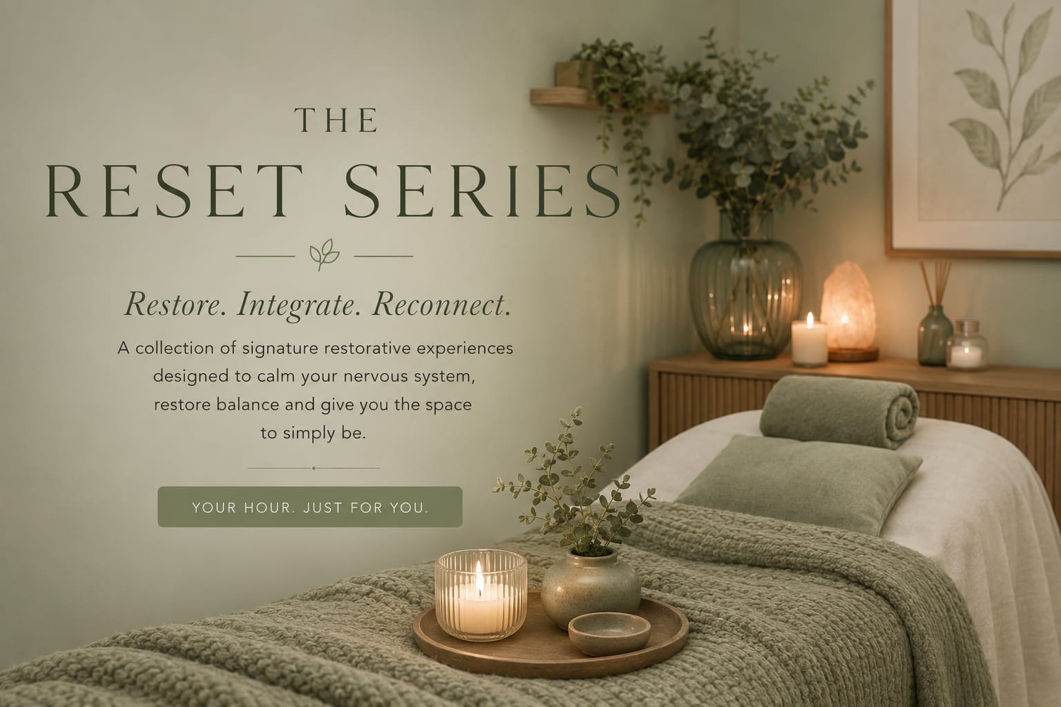 The Reset Series — a calm, candlelit treatment room with soft green blankets and eucalyptus